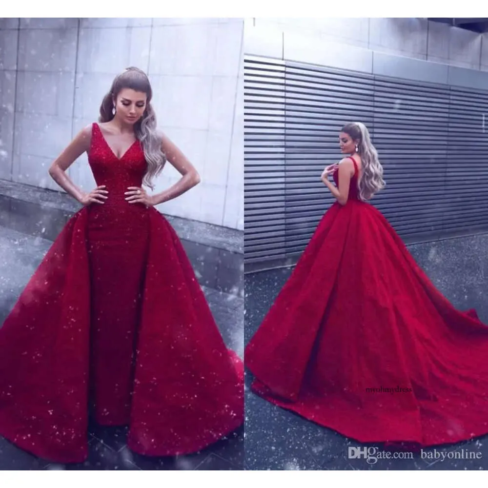 Dubai arabskie czerwone błyszczące cekiny Suknie wieczorowe z długim pociągiem formalne suknie konkursowe V Długość szyi Długość balowa sukienka na zamówienie 0430