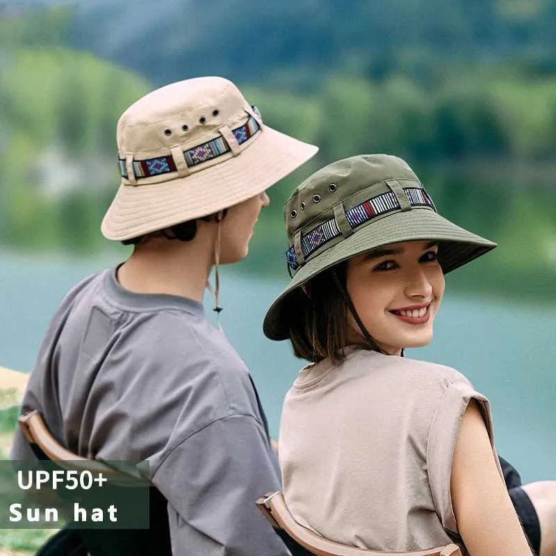 Szerokie krawędzi czapki czapki unisex letni słoneczny kapelusz oddychający i szybkie suszenie męskie kubełko kolorowy pasek damski pary wędrówki i łowienie ryb w Panamie J240429