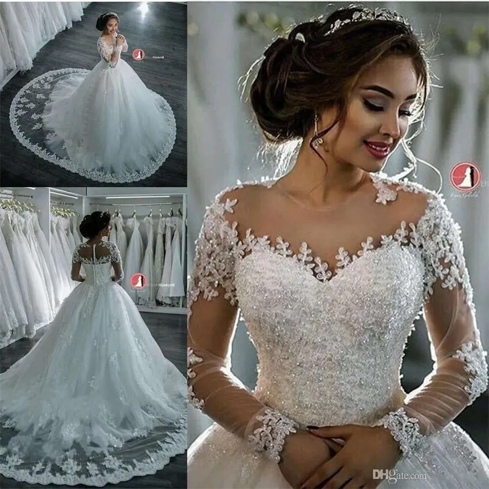 New Sleeves Long Dubai Elegant Wedding Dresses Ball Gown Sheer Crew Neck Lace Appliques Beaded Vestios De Novia Bridal Gowns With Buttons S S