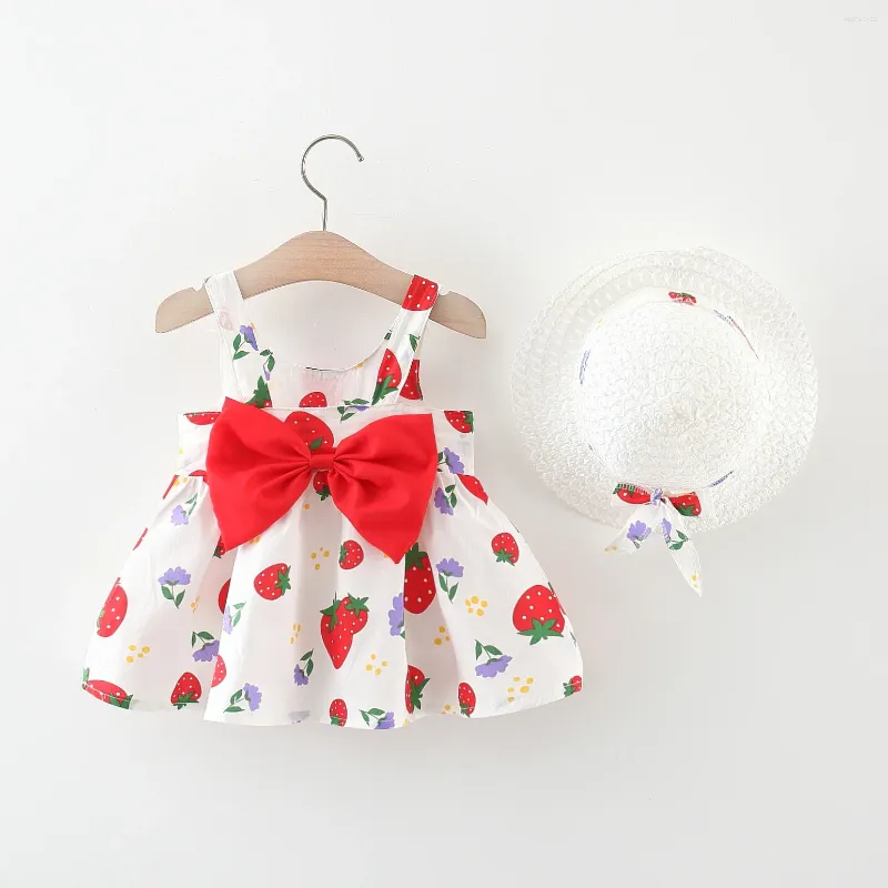 Девушка платья 2pcs Summer Baby Girl's Платье маленькое круглое Dot Strawberry Print Bow Bow Daily Casual с шляпой