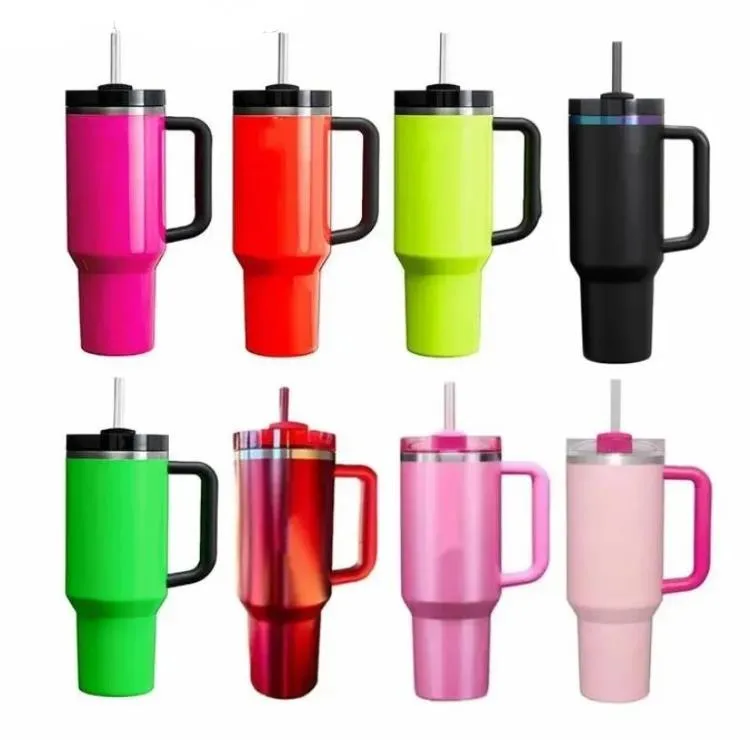 Dhl Neon Pink White Flamingo extincteur H2.0 40oz en acier inoxydable gobelers tasses avec manche en silicone couvercle et paille chroma noir bouteille de tasses 0414