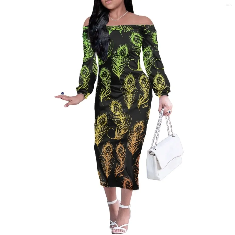 Casual Dresses Delicate Peacock Feather Print Traditional Polynesian Tribe Samoan Dress Drop Shoulder