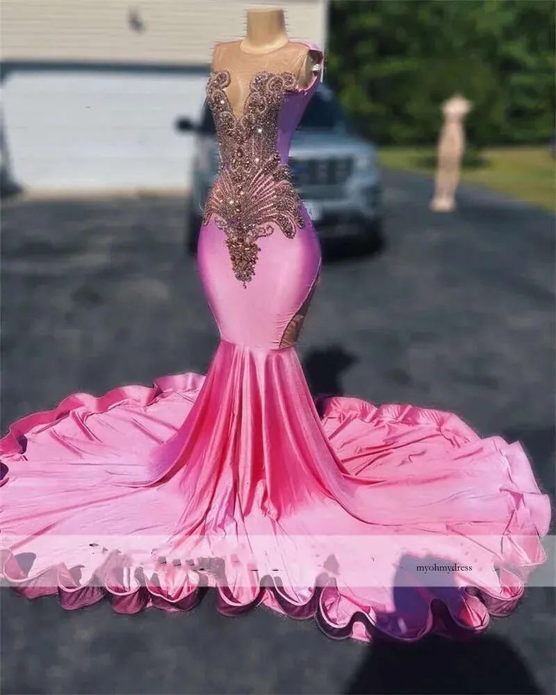 Glitter Pink Mermaid Dress 2024 For Black Girls Blaskly Crystal Rhinestones Freading Party Evening Suknia Vestidos 0431