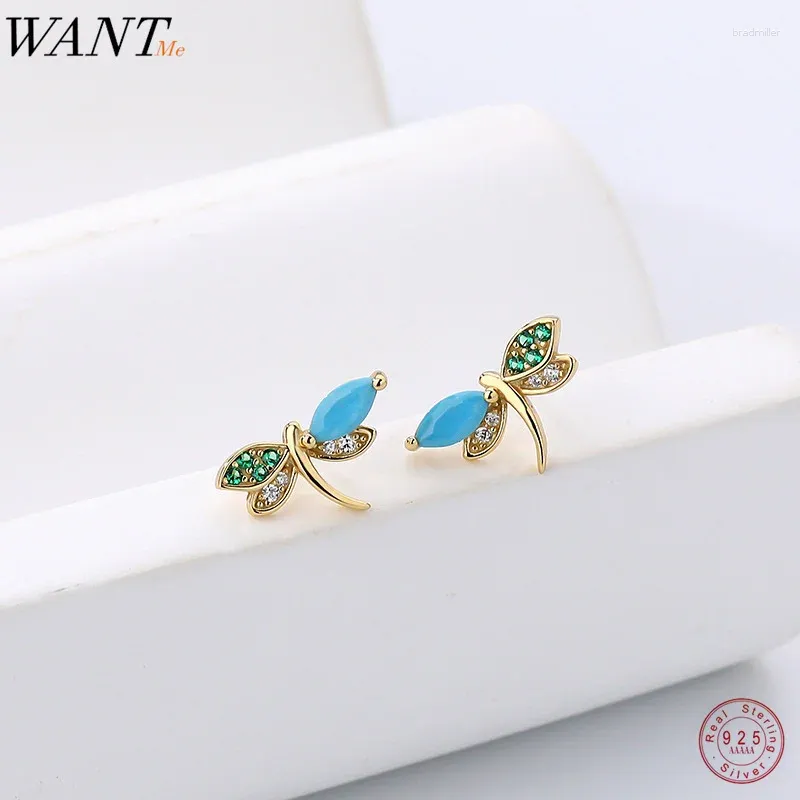 Boucles d'oreilles WANTME 925 STERLING SIGHT MIGLE COLORED Zircon Dragonfly Fomen Fashion Fashion Chic Turquoise Charme d'oreille Bijoux