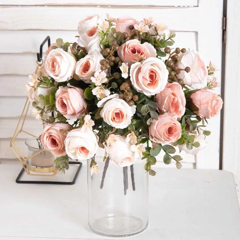Fiori secchi artificiali fiori di seta di seta bianca rosa natale nozze autunno autunno arco di fiori di fiori finta decorazione della camera