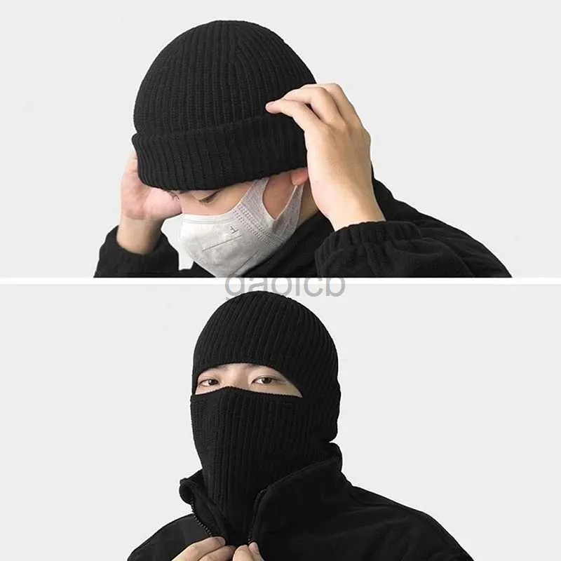 Banie / Capes de crâne 2 en 1 Masque Bonsieur Full Face Cover Winter Man épaissis tricot chaud Chapeau extérieur Ski Skate Protection d'oreille de vent Bonnet D240429