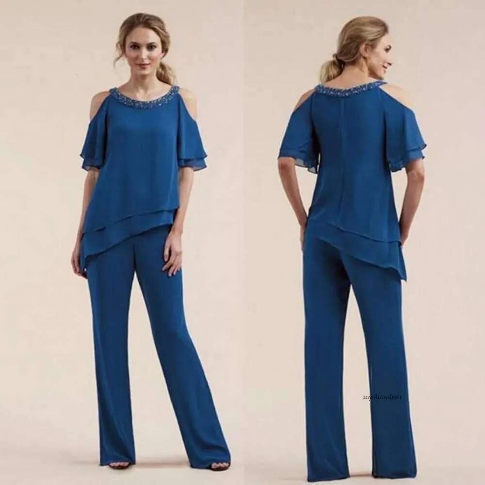 Navy Blue Plus Size Mother of the Bride Pants Suit Chiffon 2 PCS Pakken bruiloft Guestjurken Korte mouwen Formele avondfeestjurk 0430