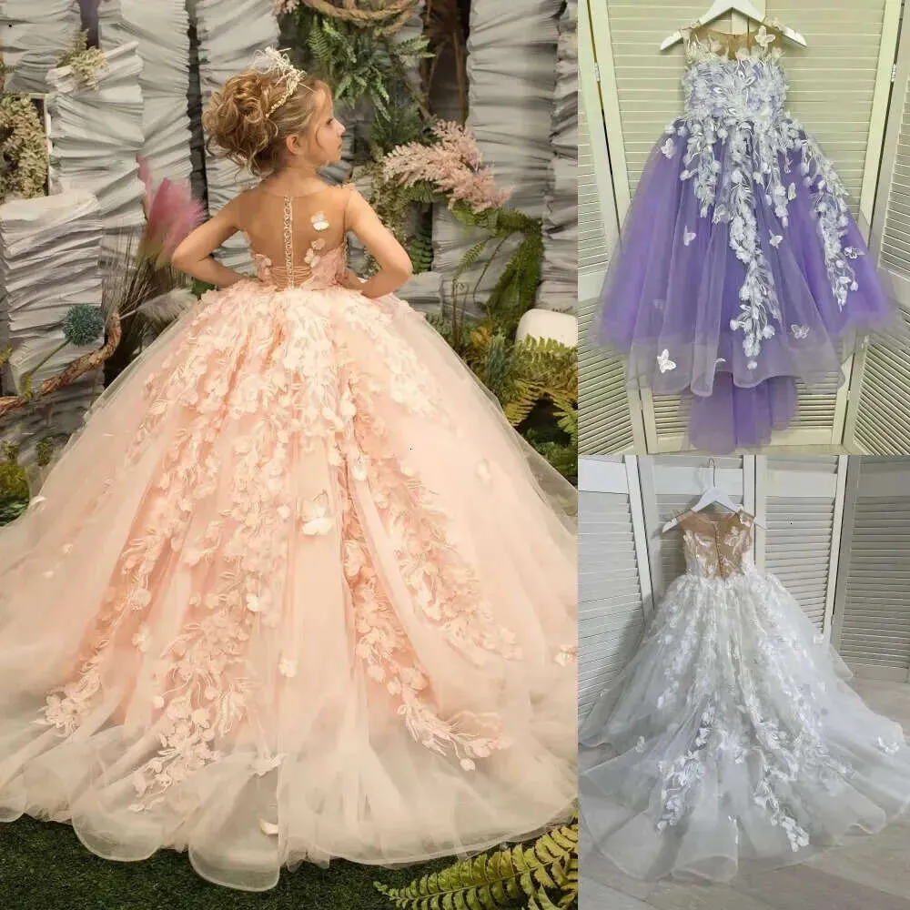 Lilac Girl Flower Peach Dress Ivory Tulle Lace Ballgown First Communion Gown Little Kid Infant Toddler Christening Baptism Junior Bridesmaid Wedding Guest