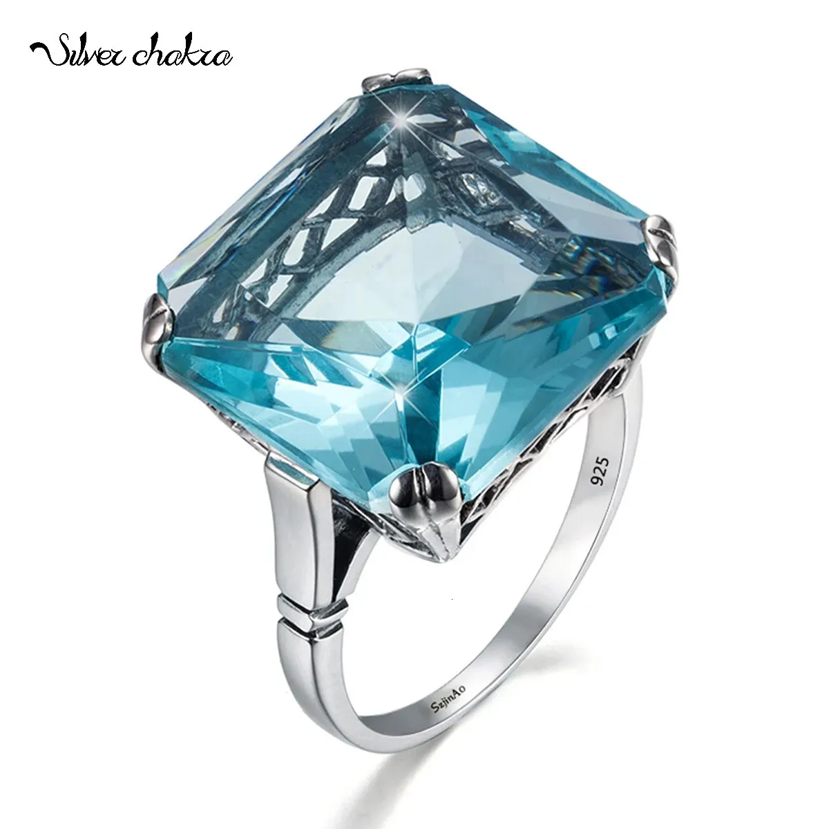 Originale 925 anello di gemma aquamarina in argento sterling per donne scintillanti vintage scintillanti piazza grande pietra pietra di gioielli fatti a mano 240416