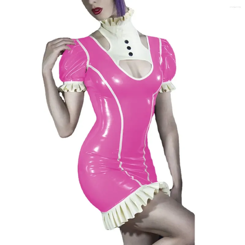 Abiti per feste Womens Sexy Wetlook Pvc Pvc Ruffles Neck Out Bodycon Mini vestito Sfugo Short Short Shorthe Wetish Club Fetish Club