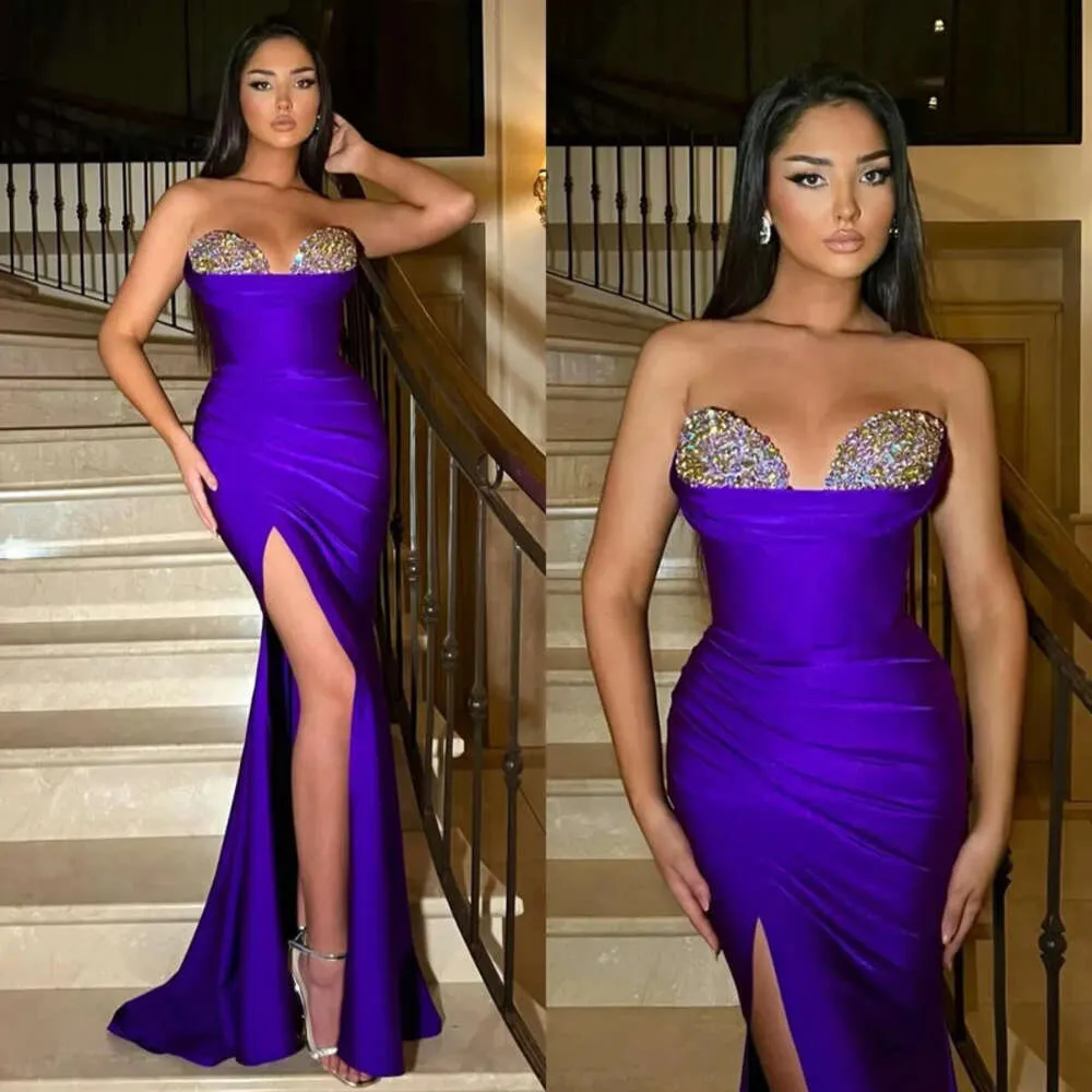 Prom Meerjungfrau Kleid Schatz Strass sexy lila formale abends elegante geteilte Partykleider für besondere OCNS Promdress Es Kleid