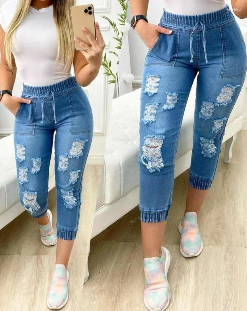 Frauen Jeans Draw String Taille Taschen Details Ripped Women Frühling Sommer -Jeanshose hoch sexy sexy