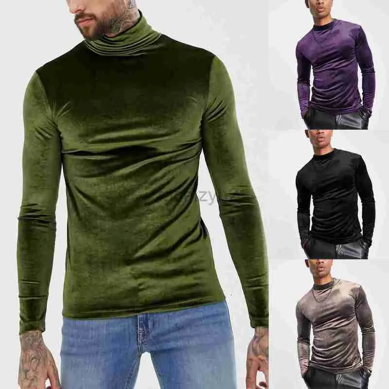 Men's T Shirts Men's sexy men's long sleeved t-shirt with golden velvet high neck, warm and versatile top, breathable and fashionable base shirt Man Tees Polos tops