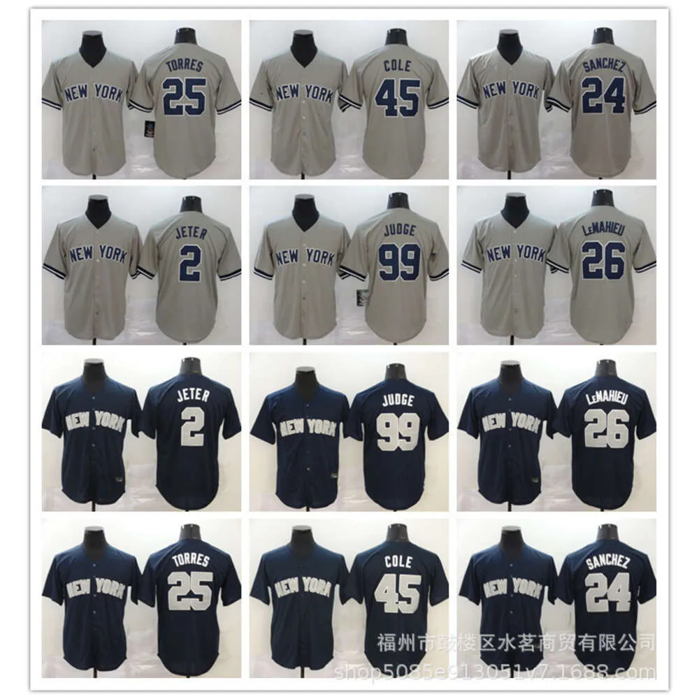 Jerseys Clothing Yankees Judge#99 Cole#45jeter#2 Stadium Blue Grey Embroidered Uniform