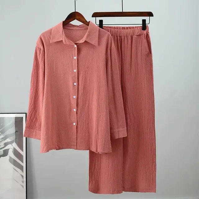 Pantalon de jambe large en lin en coton set en deux pièces Femmes Vintage Boho Maxi Shirt Automne Holiday Work Work Streetwear Y2K Tenues 240428