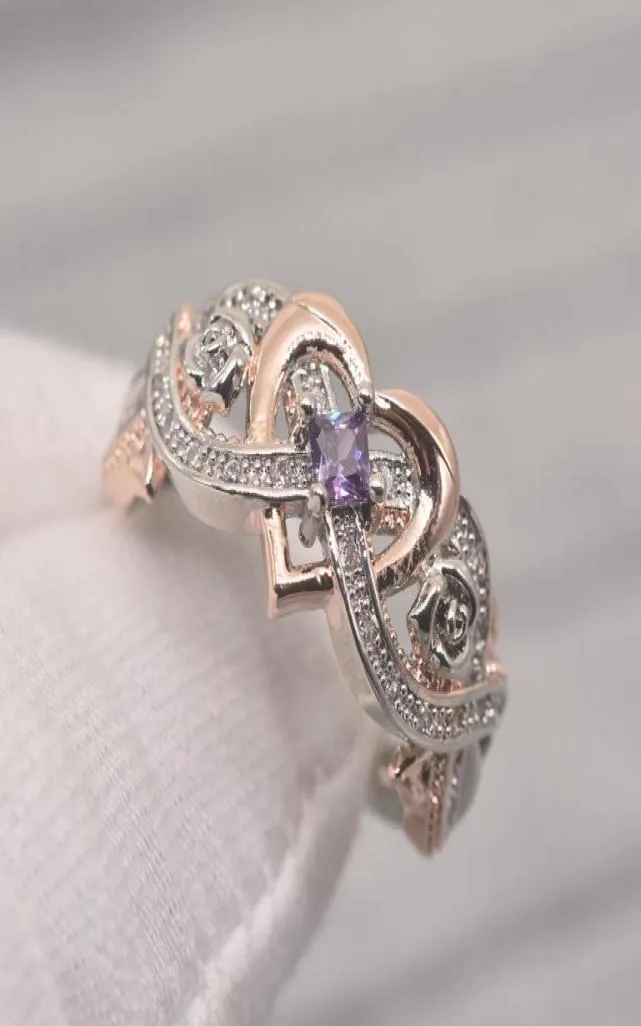 Anneau de bijoux de mode Rose Princesse Diamond Ring fait référence à Love Rose Gold Double Color Zircon Delalicate and Beautiful Ring4213081