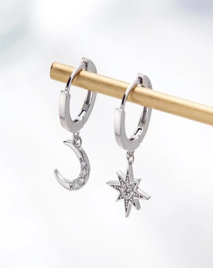 Estrela Lua Star assimétrica 925 Prata esterlina Brincos cúbicos de zircônia cúbica para mulheres moda cz Circle Ear Earings Jewelry8824272