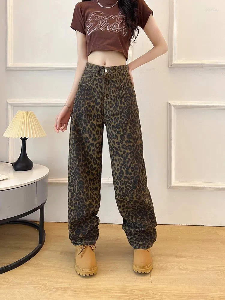 Kvinnors jeans Loose Y2K Leopard Print Women Korean Style Elegant High midja