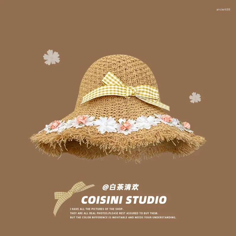 Breda randen hattar koreansk version av Sweet Flower Bow Straw Hat Women's Foldble Seaside Semester Sunscreen Sunshade andningsbara Big Eaves Sun