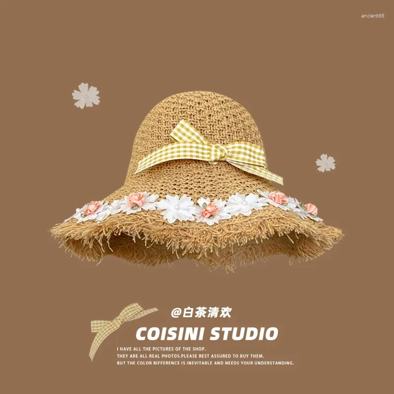 Cappelli larghi Brim Versione coreana di Sweet Flower Paglie Cappello Donne Fild Seaside Vacimento Sun Shade Big Eaves Big Eaves traspirante Sun