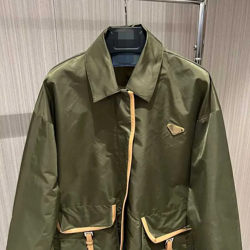 Women's Jackets Designer Workwear large pocket loose cool casual and fashionable military green nylon contrasting leather edge patchwork lapel trench coat