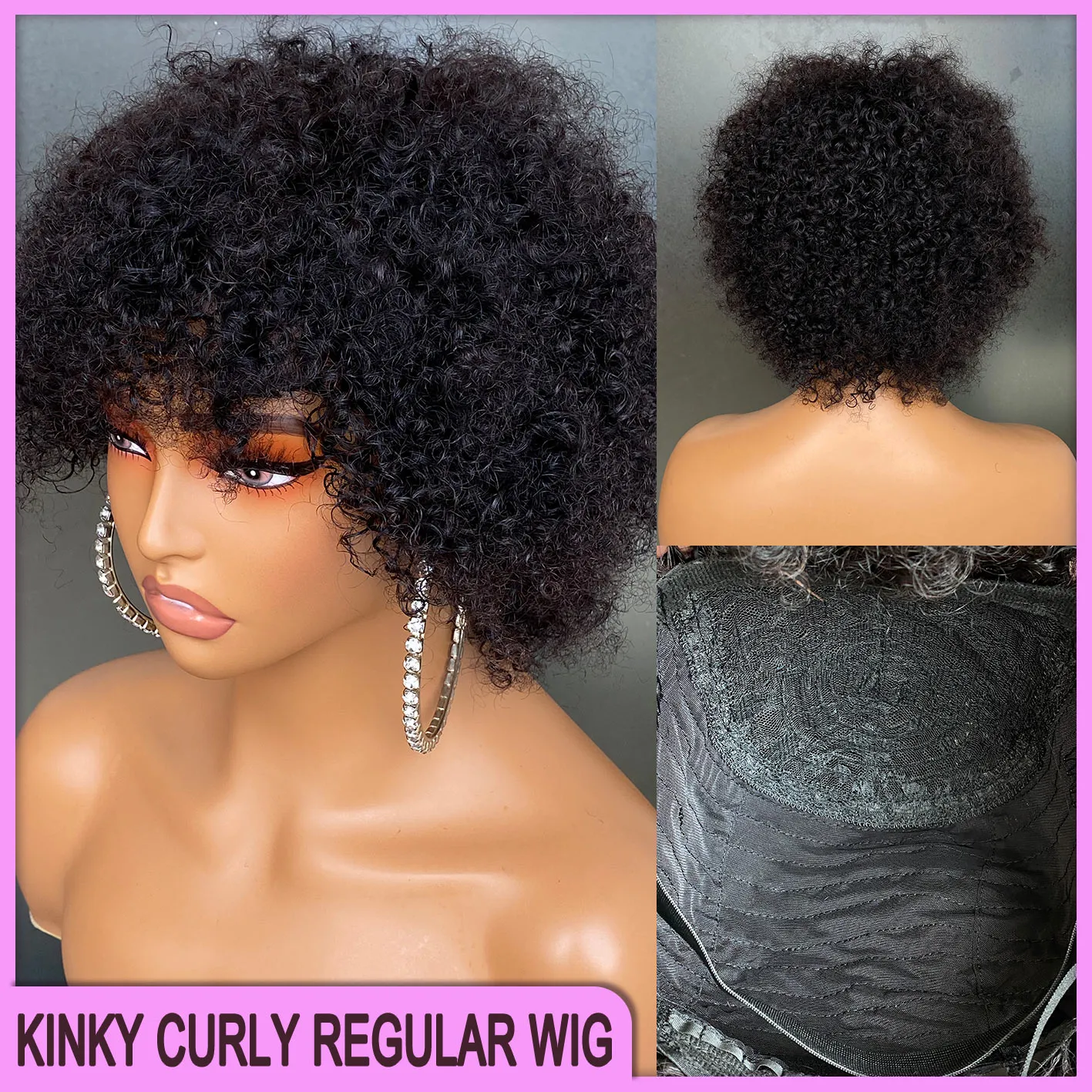 Wholesale Cheap Price Malaysian Peruvian Brazilian Black Kinky Curly Regular Bang Wig 100% Raw Virgin Remy Human Hair