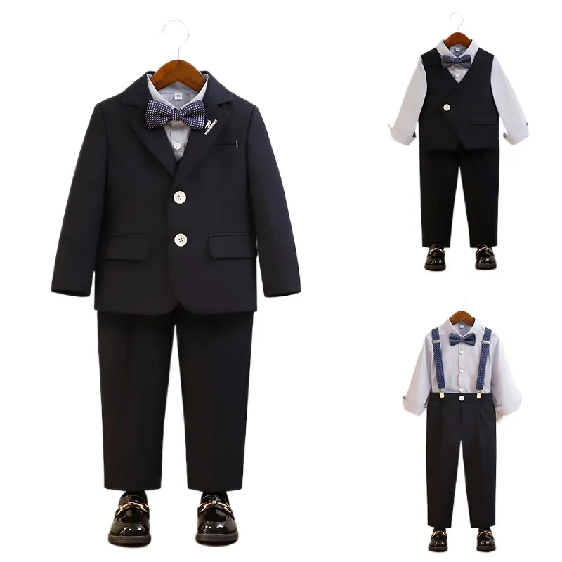 Abito per bambini abiti da ragazzi set di performance per pianoforte Costume Pantaloni per bavaglini per Chorus Host Little Host (camicia + boutonniere + bowtie + giacca + pantaloni + gilet)