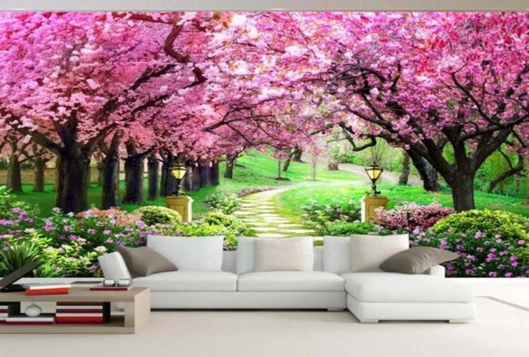 Anpassad 3D PO Wallpaper Flower Romantic Cherry Blossom Tree Small Road Wall Mural Wallpapers For Living Room Bedroom de Parede222495975094