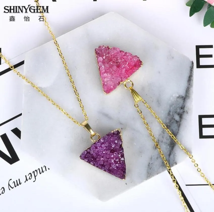 Shinygem 2021 Natural Handmadepurplepink Druzy Pendant Colliers Placing Gold Placing Triangle Pyramid Stone Trendy for Women4378968
