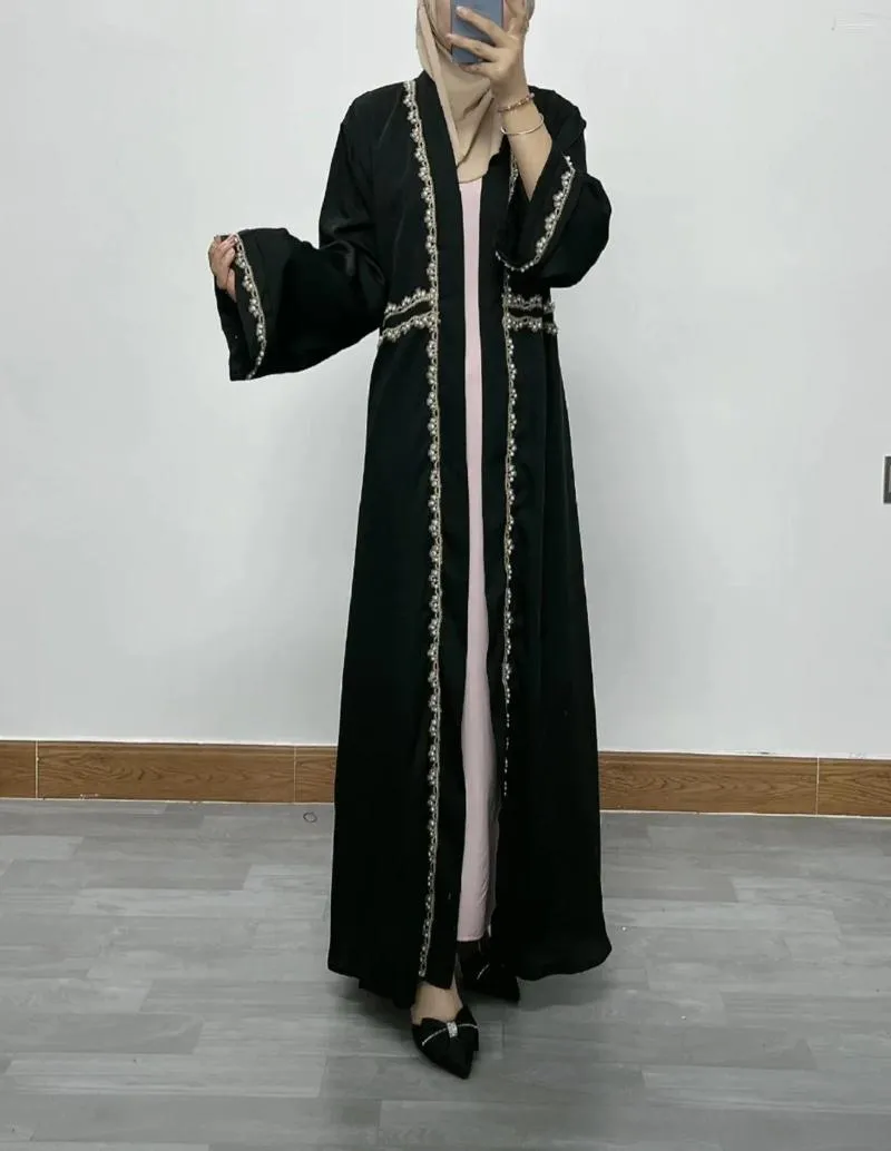 Abiti etnici abiti da donna Dubai ricamato in pizzo perla cardigan abito femme lonue musulman