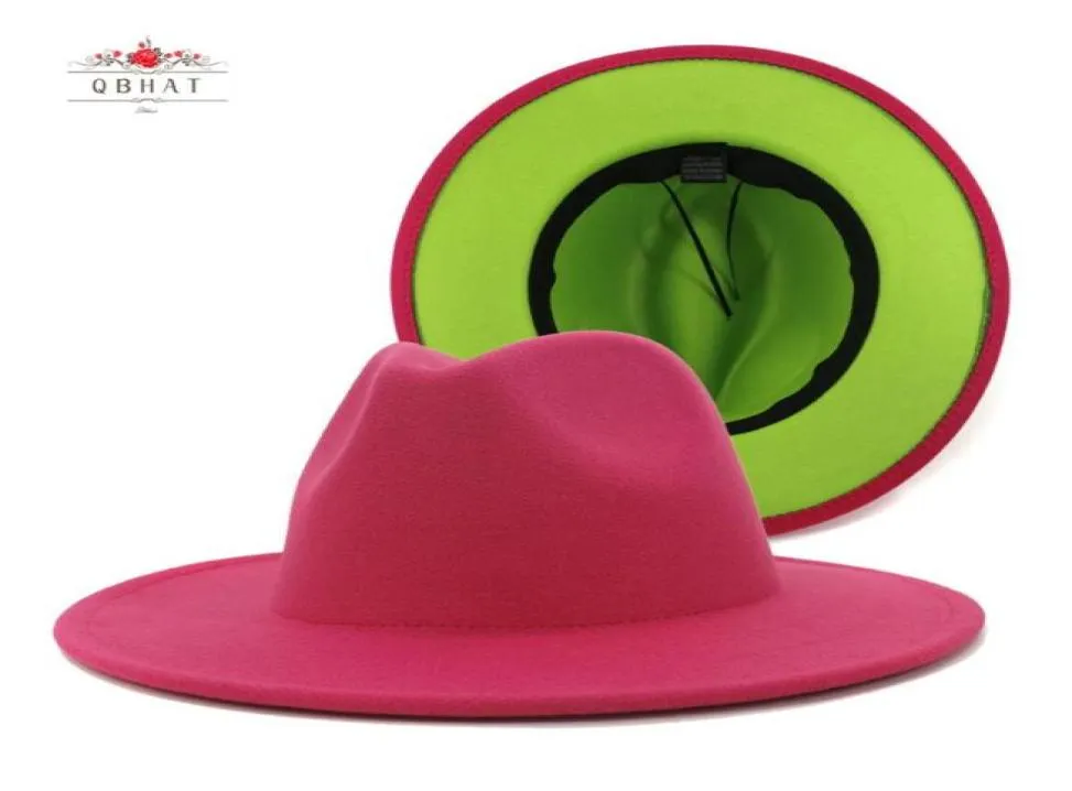 Stikte rand hoeden QBHat roze en limoengroen patchwork wol vilt fedora vrouwen grote panama trilby jazz cap hoed sombrero mujer1614149