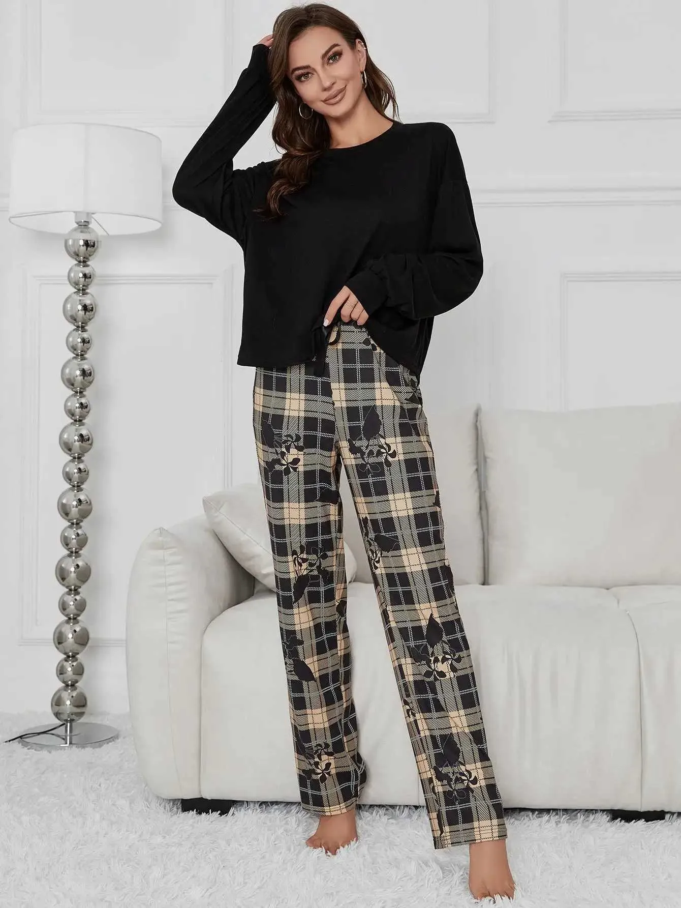 Abbigliamento il sonno da donna Donne Piajama Set Solid Long Slve Pantaloni a quadri a flusso integrale Panda Stampa 2 pezzi Slpwear Female Nightwear Homwear Cloth Y240426