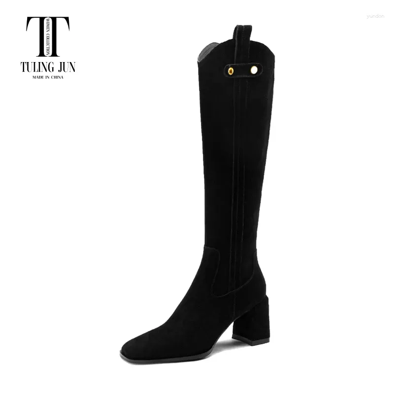 Boots Tuling juin 2024 Winter Femmes Concise Couleur solide Knee-High High Heels Square Head Fashion Chaussures pour femme T-FD8013-1