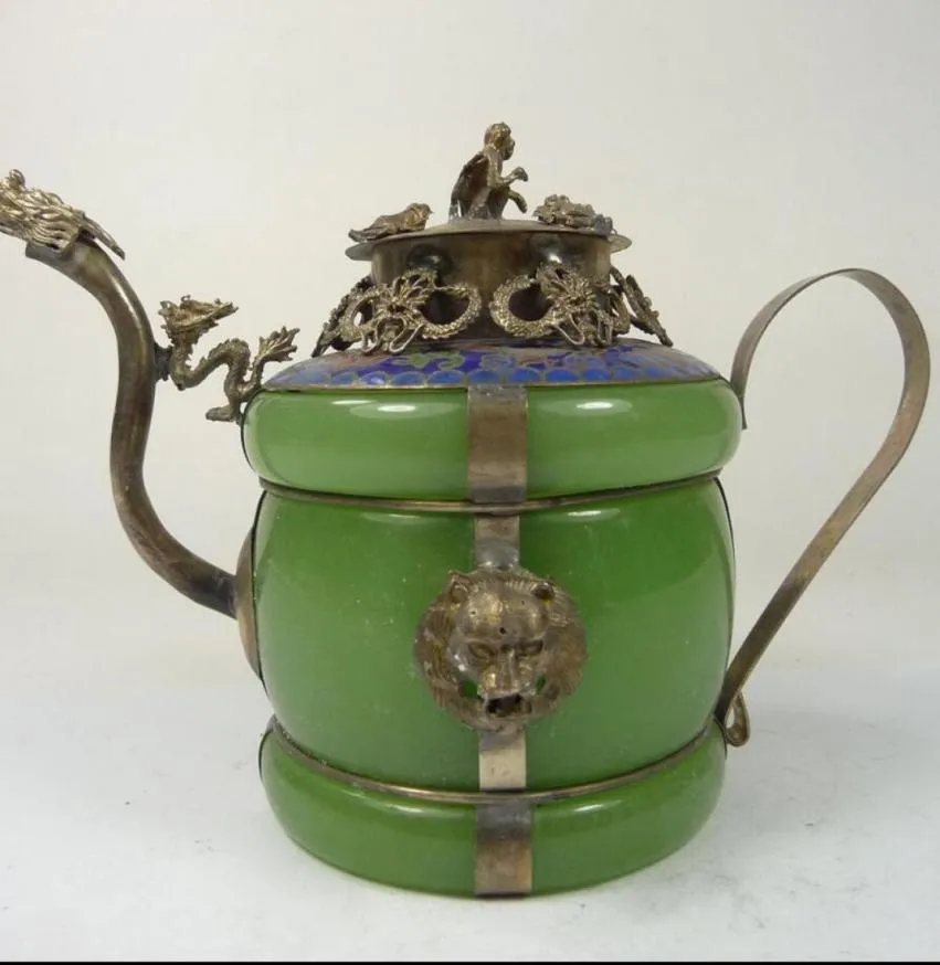 Collectible Old China Handwork Superb Jade TEAPOT Armored Dragon Lion Monkey Lid8670050