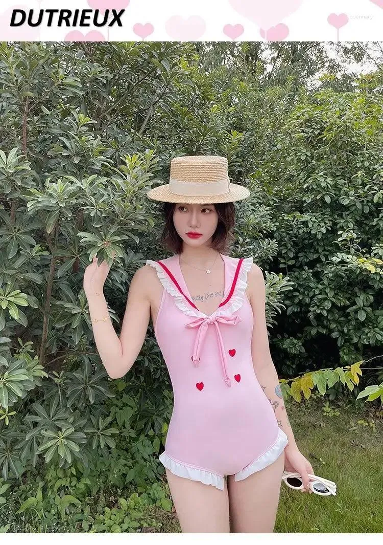 Kvinnors badkläder japansk stil mjuk tjej söt lolita baddräkt söt båge rosa piga student semester ärmlös sjöman krage baddräkt