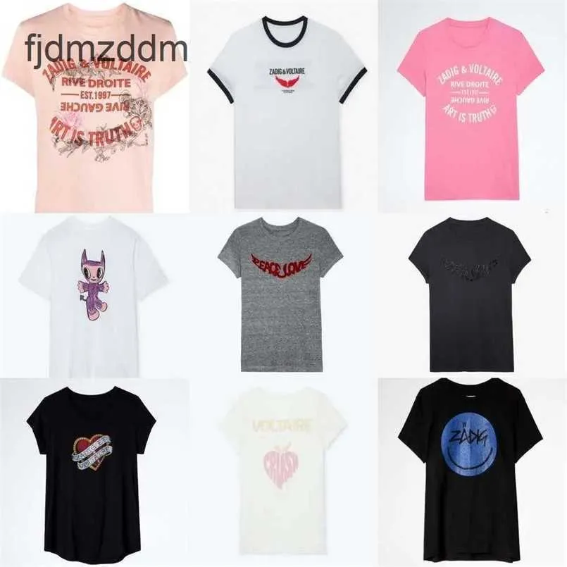 24SS Zadig Voltaire New Designer Tshirt ZV Classic Hot Letter Print Flower Bordado rosa algodão Mulheres casuais