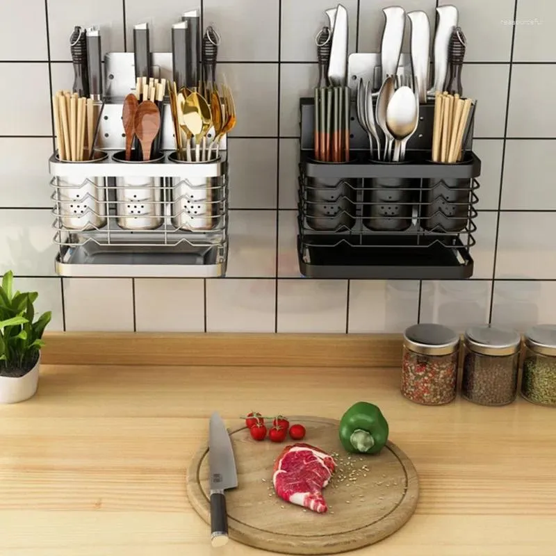 Kitchen Storage 304 Stainless Steel No Drilling Wall Mount Rack Knives Holder Cutlery Box Utensils Organizer Tableware Container