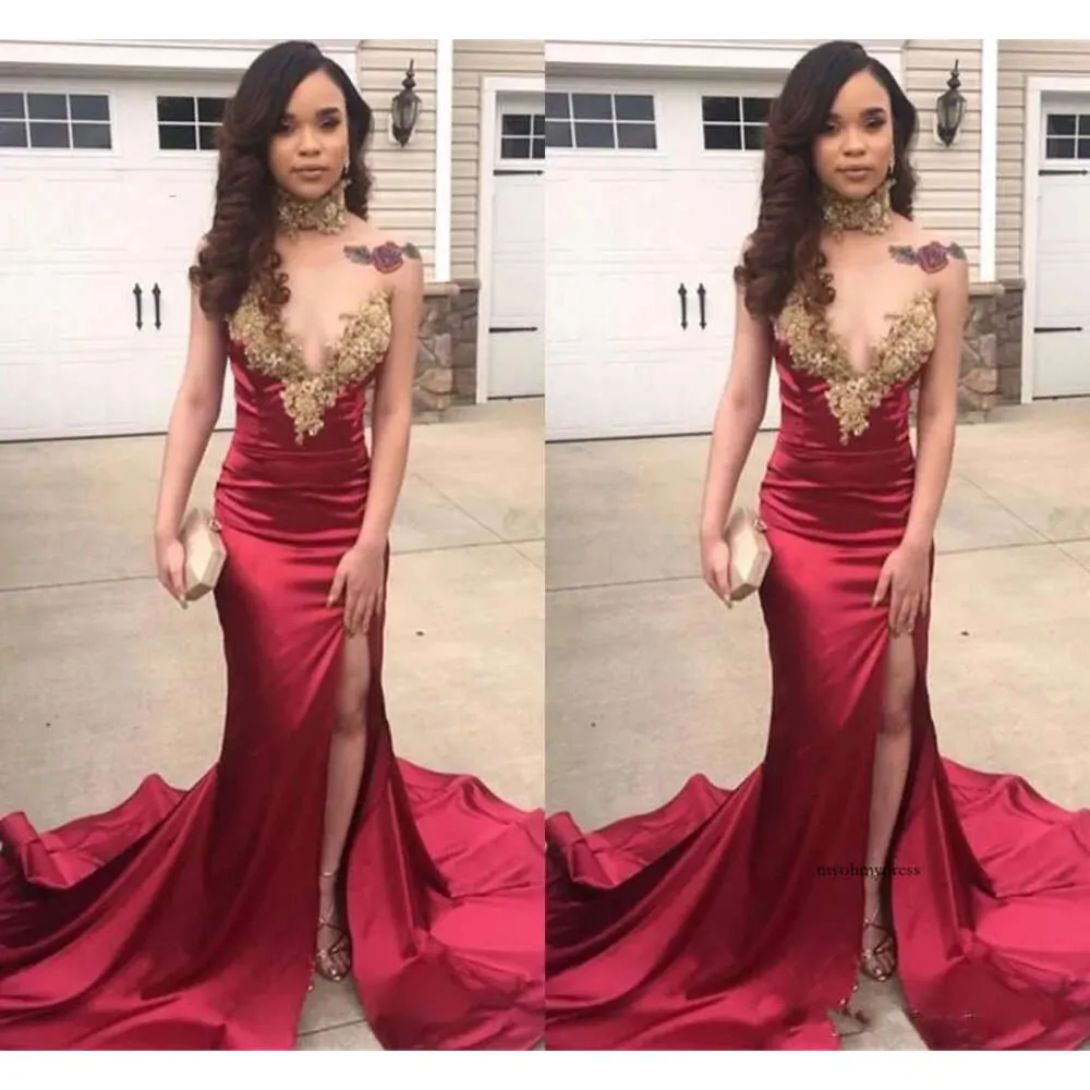 African Hot Selling Dark Red Mermaid Prom -jurken 2019 Gold Appliques Sweetheart Split Party Jurken Elegant Evening Formal Dress 0430