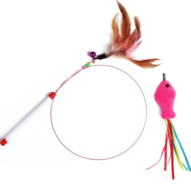 90 cm Cat Toys Cat Teaser Draad Vis grappige kattenstaaf vissen katten staaf veer Bell grappige kat stick pet interactief vervangbare kop 240429