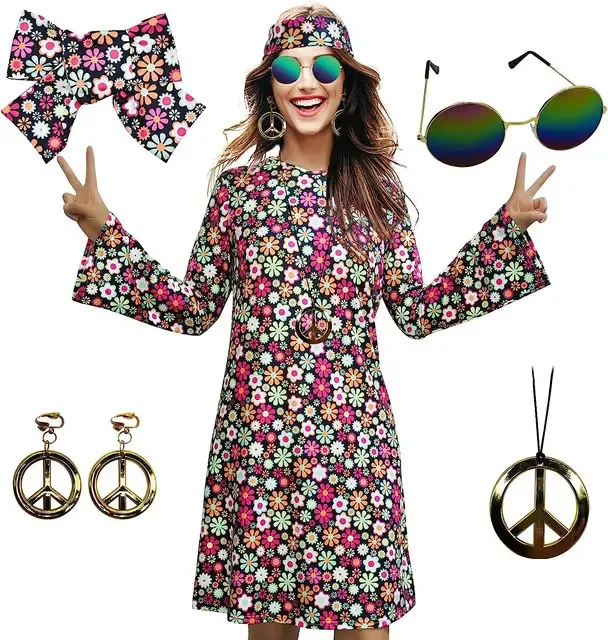 Hippie Costume Accessories Set 70s Boho Flared Dress Accessories For Womens Halloween Costume Party 2024 Retro 60s Style Colorful Floral Print From Pong01 19.77 In Bulk DHgate.Com