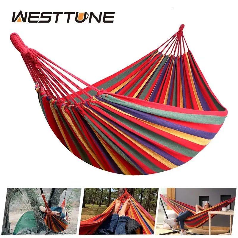 WESTTUNE Outdoor Canvas Hammock Camping Swing Hammock with Tree Ropes Load-bearing Up to 200kg Perfect for Garden Patio Backyard 240417