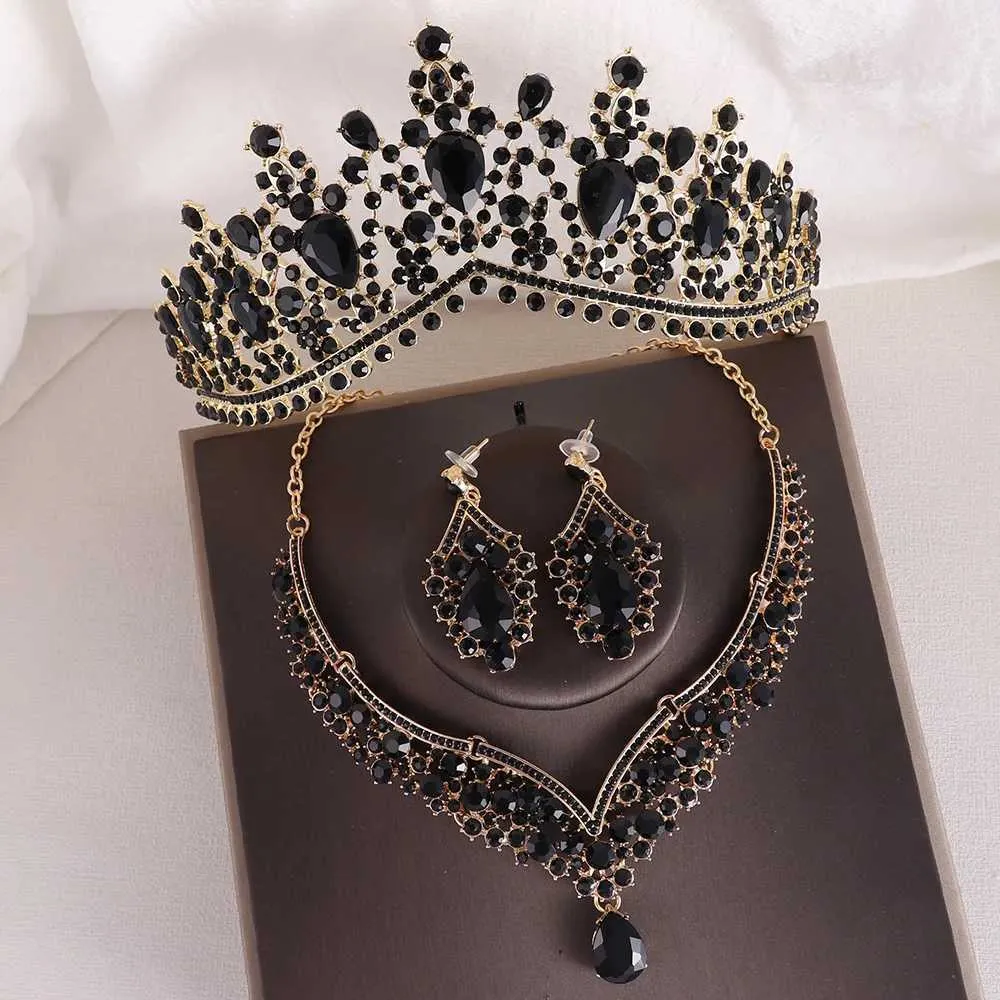 Tiaras Baroque 3PCS / Set Bridal Wedding Crown Princess Queen Water Drop Ab Crystal Tiaras Collier Boucles d'oreilles