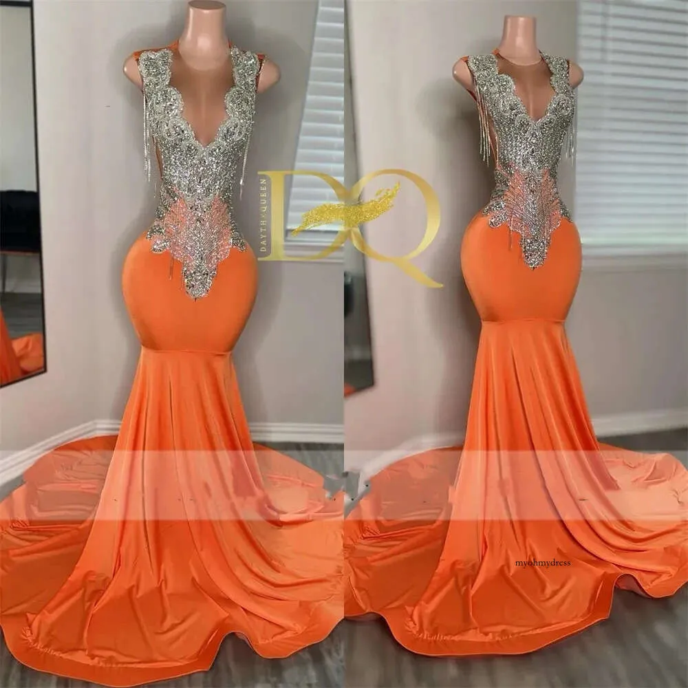 Fancy Orange Sier Rhinestone Prom 2024 For Blackgirls Tassels African Mermiada Birthday Party Dress Vestido 0431