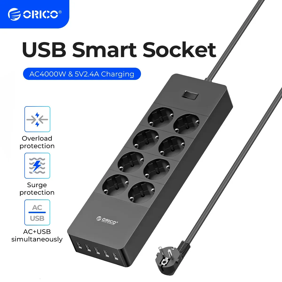 Stromstreifen mit Verlängerungskabel Elektrische Steckdosen mit USB -Anschlüssen für Home Office Surge Protector Smart Network Filter 240415
