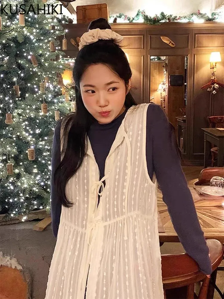 Lässige Kleider Kusahiki Korean Chic Spring Perspektive Rückenschnüre Sticked Tanp Top Kleid Mode vielseitige ärmellose Frauen