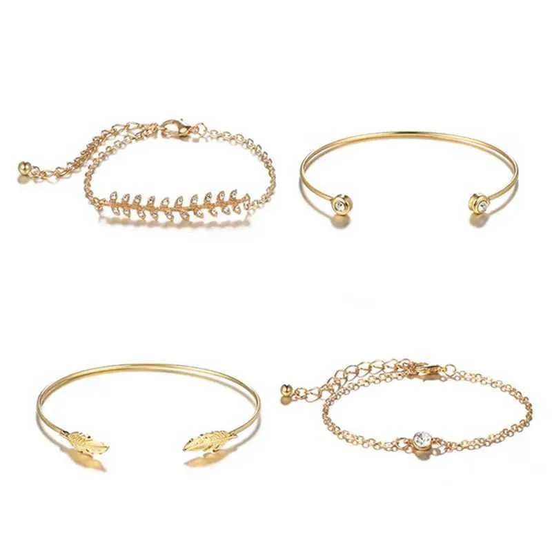 Chaîne Fashion Fashion Crystal Feuilles Géométriques Chaîne Gold Color Bracelet Set Bohemian Vintage Jewelry Wholesale 1 Set!