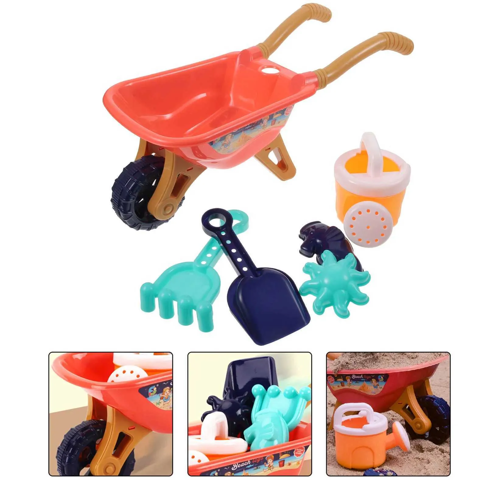 1igz Sand Play Water Fun 6pcs Beach Sand Toys Set kruiwagen Hark Hark Can Kids Gardening Set Summer Beach Sand Speel Mold voor buitenstrand Fun D240429
