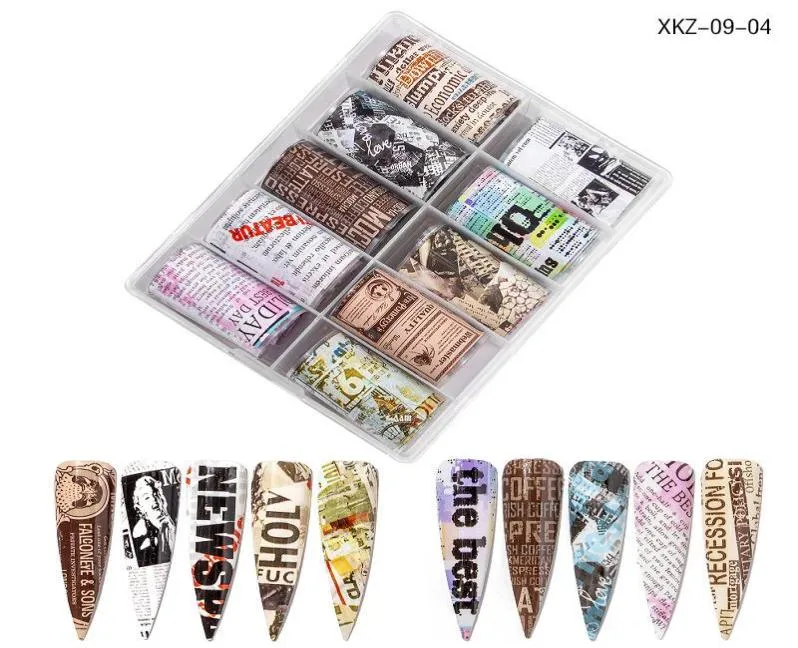 10st Nail Foil Set Mix Designs Butterfly Newspaper Letters Starry Sky Adhesive Wraps Transfer Paper Nail Art Decal Gel Slider3243431