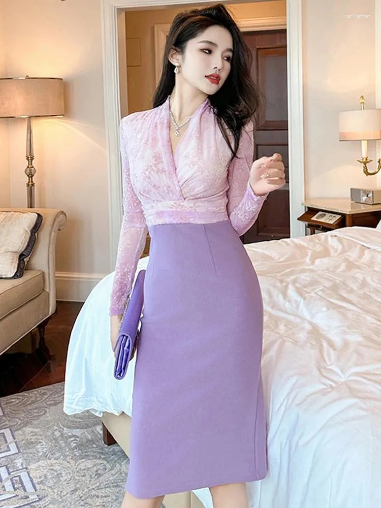 Robes décontractées français élégante robe violette femme chic chic en maille élastique plis enveloppe de robe à manches longues à manches longues