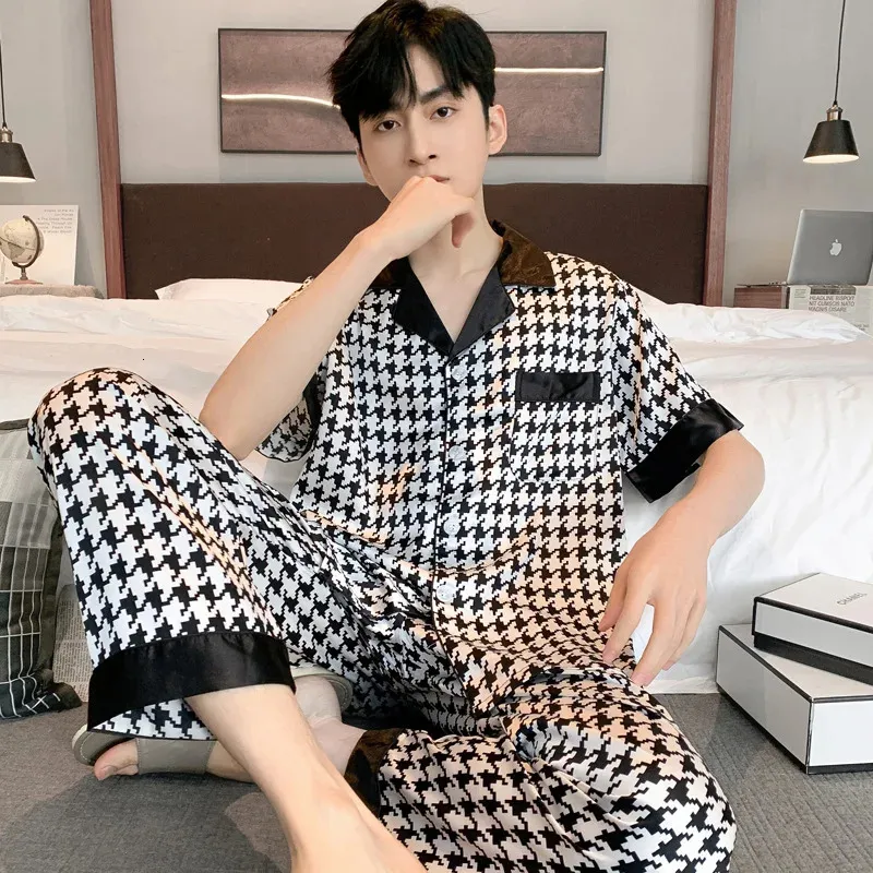 Design Houndstooth pijama masculino Pijama de seda de gelo definido para a juventude Vestir roupas de noite adolescente de manga comprida